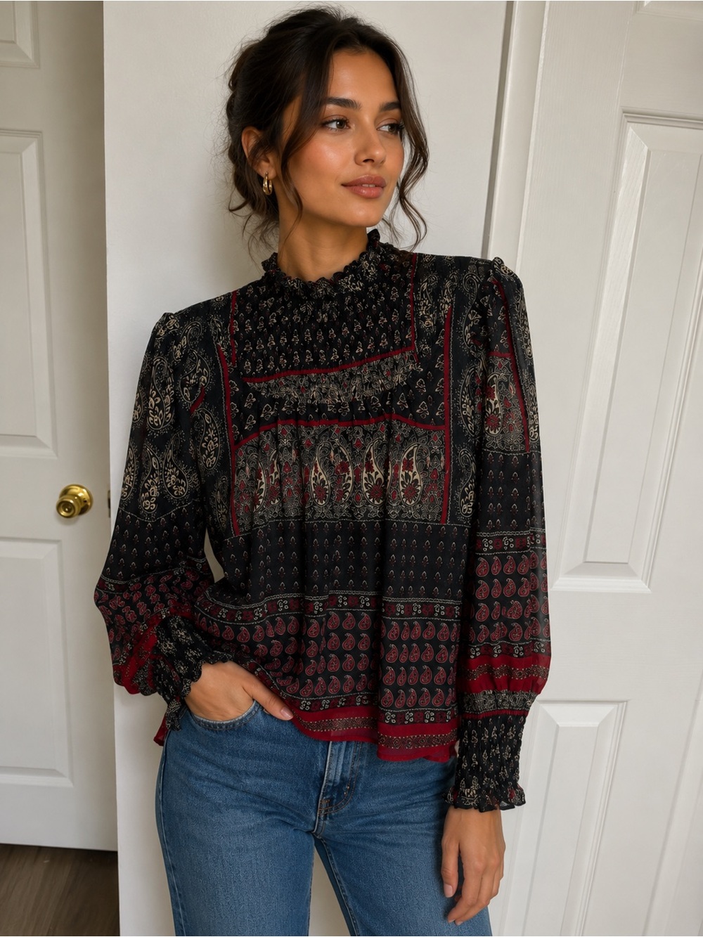 TOPSHOP Black Paisley Print High-Neck Blouse with Red Accents